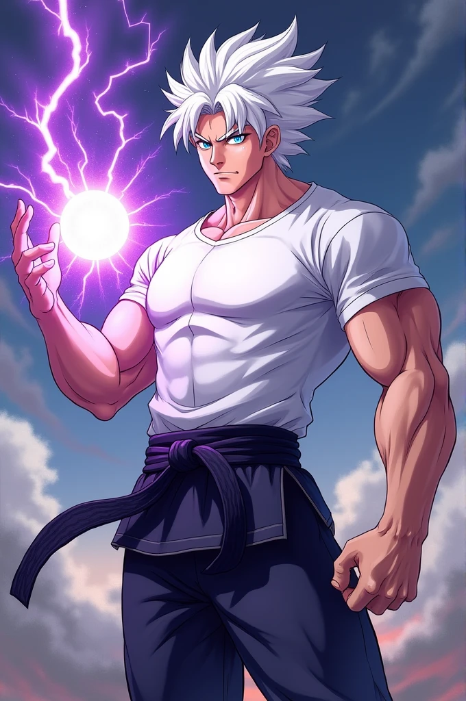 body white skin, 80 kg muscular body, and white gojo satoru hair, blue eyes, white T-shirt ,black leg karate suit ,shoot purple lightning storm sphere from hand, anime style and write It's Sakib in stylish and clear font