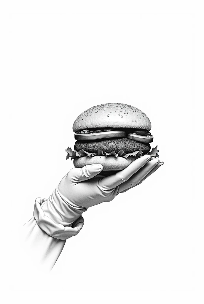 Make a minimalist black and white drawing of a hamburger with a retro 80s restaurant style and white gloves. (that is not animated)