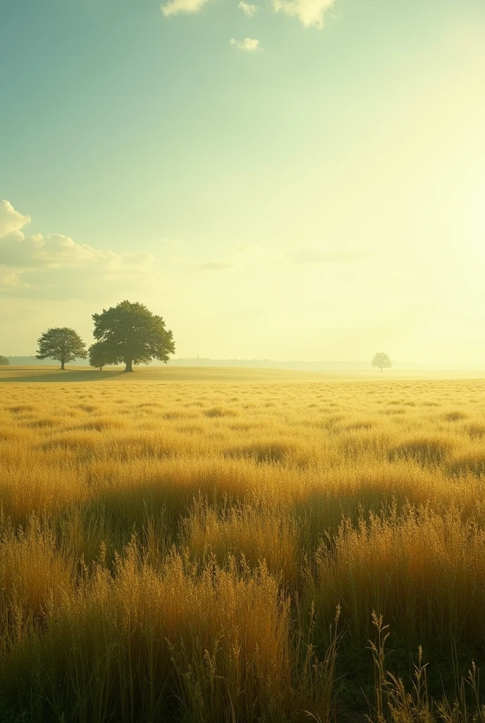 Prairie, field meadow, a few trees in the distance, mottled light and shadow, beautiful, masterpiece