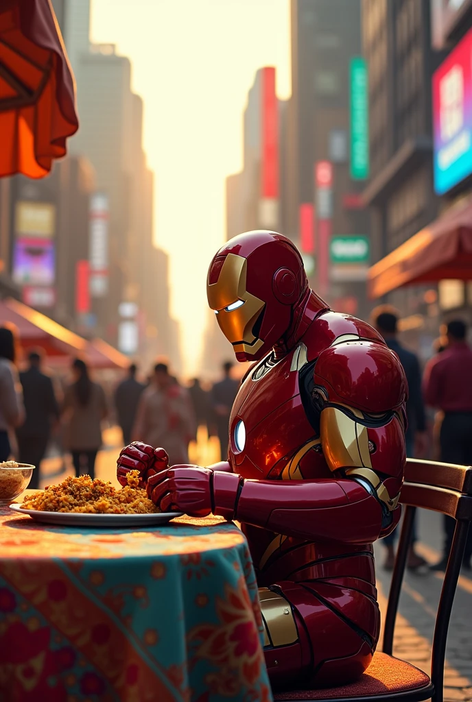 Iron man eating indian food
