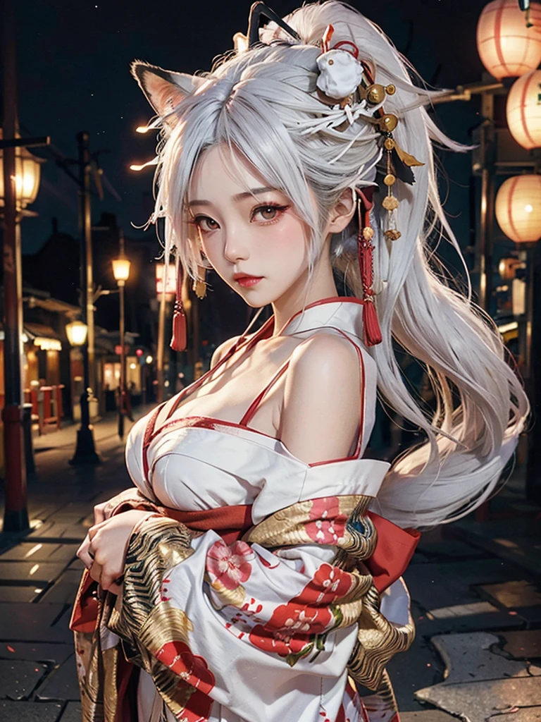 fox girl,3tail,fox ear on head,white hair,oiran,kimono,big breasts,night street,have one's shoulders exposed,blush,