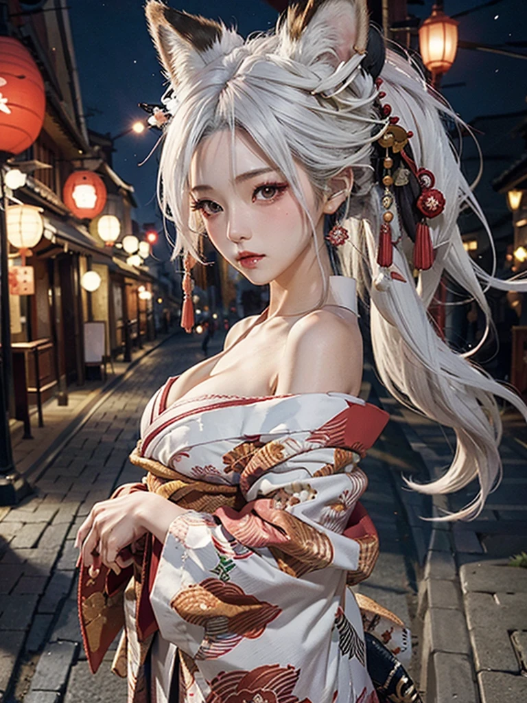 fox girl,3tail,fox ear on head,white hair,oiran,kimono,big breasts,night street,have one's shoulders exposed,blush,