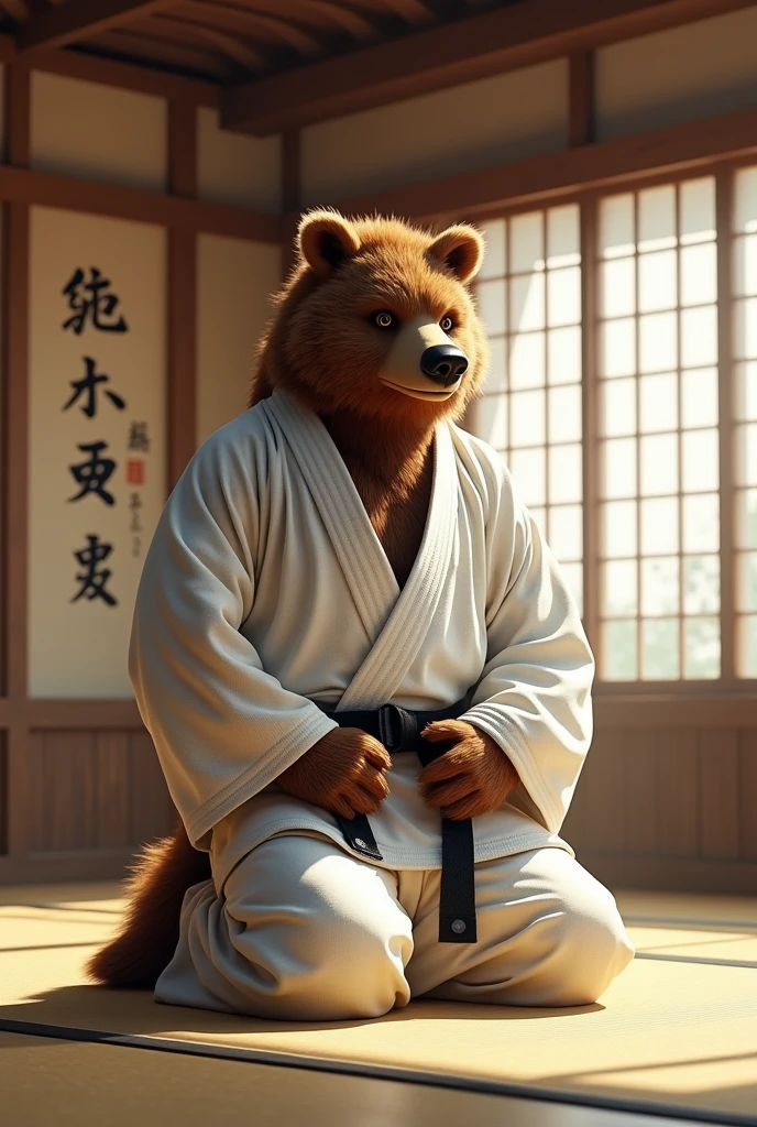 A bear-headed humanoid in a white jiu jitsu kimono kneeling with his arms crossed. 