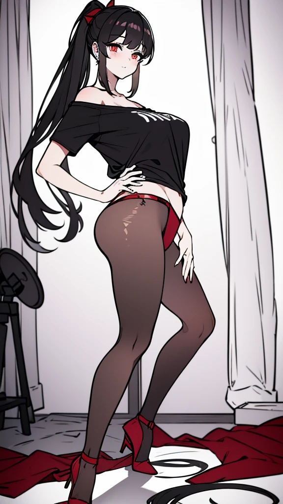using pantimedies, wavy black hair, piercing look with deep red eyes, average stature, Silky hair with a ponytail hairstyle collected with a red bow with two white lines, has a vagina, has breasts, cup of breasts, small breasts, slim, foreground, Session, sitting in her room, standing in his room, wearing pantyhose, using pantimedies, Picardias, neckline, looking at the viewer, lascivious smile, ((oversized t-shirt)), off the shoulders, without pants, washing machines, thighs, ((White T-shirt)), standing, hands on the hips,, shoes, blush, from below, thighs gorditos, thighs grandes, big ass
