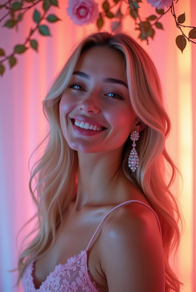 Soft Light, Gentle colors, Romanticism, Sparkle Effect, fluorescence, accessories, 360° View, smile, Pink eyes, Bright Eyes, smile, chest, Crystal Earrings, Long Hair, Blonde, Gradient color hairstyle, Winner of numerous awards, High resolution, High-resolution model, Ultra high definition, Textured skin, Textured skin, One person, solo, Gaze, teeth, Decorative art, masterpiece, Highest quality, 
