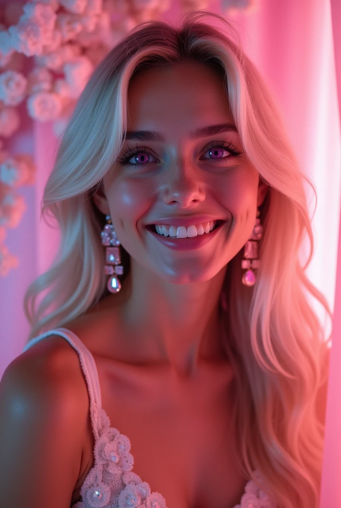 Soft Light, Gentle colors, Romanticism, Sparkle Effect, fluorescence, accessories, 360° View, smile, Pink eyes, Bright Eyes, smile, chest, Crystal Earrings, Long Hair, Blonde, Gradient color hairstyle, Winner of numerous awards, High resolution, High-resolution model, Ultra high definition, Textured skin, Textured skin, One person, solo, Gaze, teeth, Decorative art, masterpiece, Highest quality,