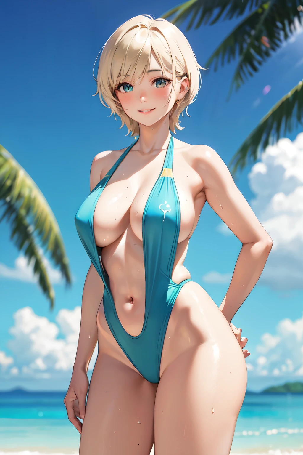 (high quality, High resolution, The finer details), Realistic, ((Slingshot swimwear)), Sunburned skin, A toned and healthy physique, tropical paradise background, Clear turquoise water, White sand beach, Warm golden sun, gentle sea breeze, Bokeh lighting, alone, Curvy Women, Sparkling eyes, (Detailed eyes), smile, blush, Sweat, Oily skin, Shallow depth of field