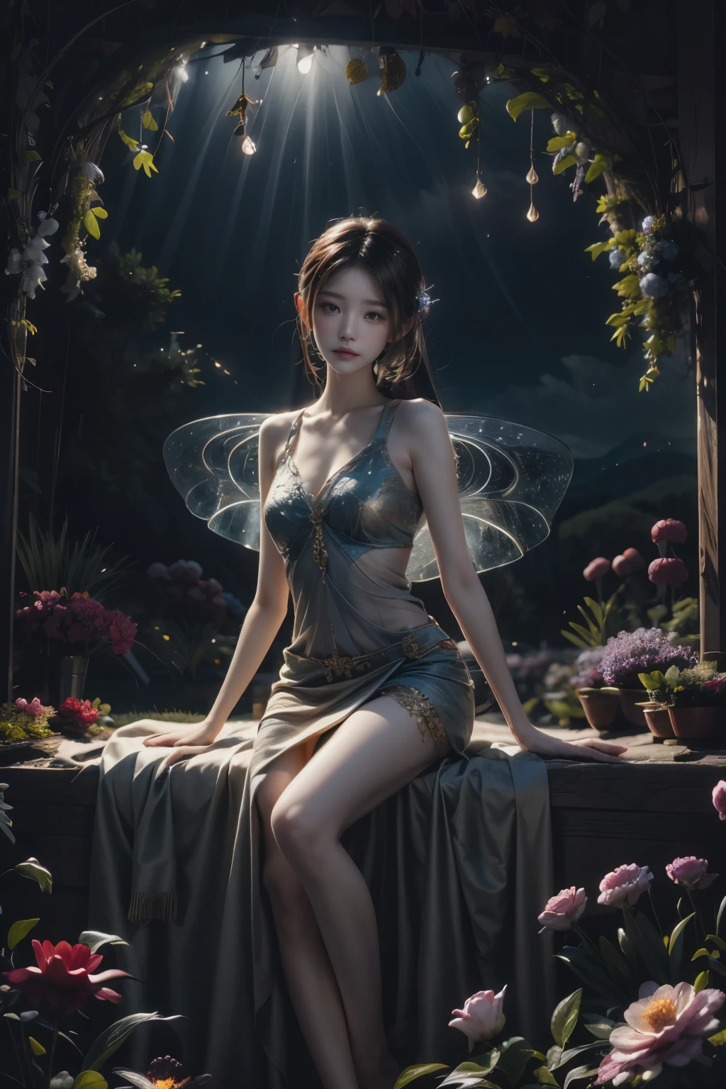 Beautiful fairy, surrounded by fireflies, ethereal and dreamy atmosphere