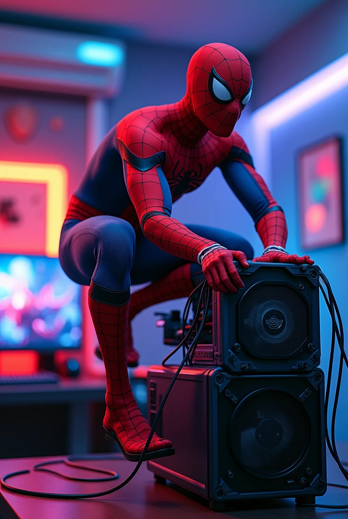Create an image of Spiderman by removing a power supply from a gaming PC