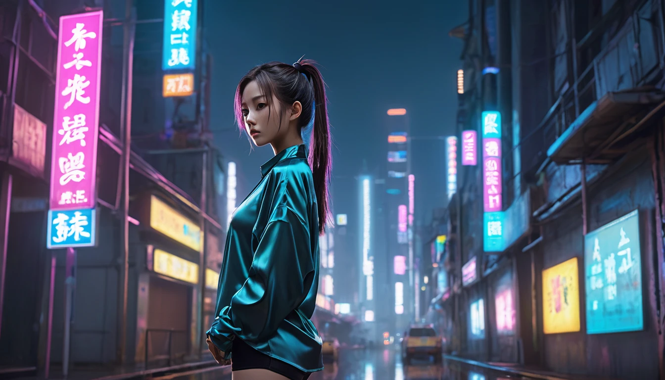 Highest quality, masterpiece, High resolution, 8k, (((She wore an oversized silk blouse and wet-look leggings.、Cute and skinny、Barely an adult, Bare Belly, wide neckline, Deep neckline, small and taut breasts, Beautiful attention to detail, Beautiful lip detail, Small closed mouth, Highly detailed face, Long ponytail, Small hips))), Cyberpunk Apartment, Gloomy atmosphere, Dramatic and random neon colors, Futuristic Setting, Intricate details, At night, Backlight, Full Body Shot, A view from afar 