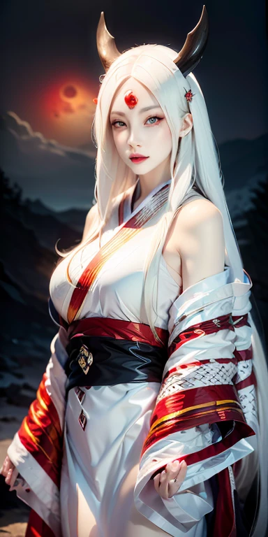 face lighting,bright backlight,super high resolution,best quality,Photos,4k,(Realistic:1.2),huiye,1girl,(kimono:1.1),(the third eye:1.3),horns,(pale skin:1.5),(white hair:1.2),long hair , see-through kimono, Transparent clothes show underwear, kimono is made of very thin material so that all of your skin is visible , visible breasts, visible vagina,(night:1.2),
(red moon:1.4),