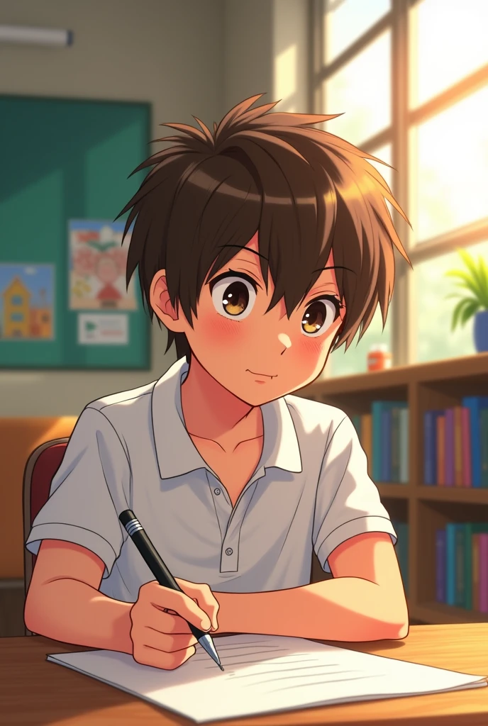 A boy with brown hair good jawline wearing a white polo with a paper and pen next to him then he tried to write something in the paper (anime image)