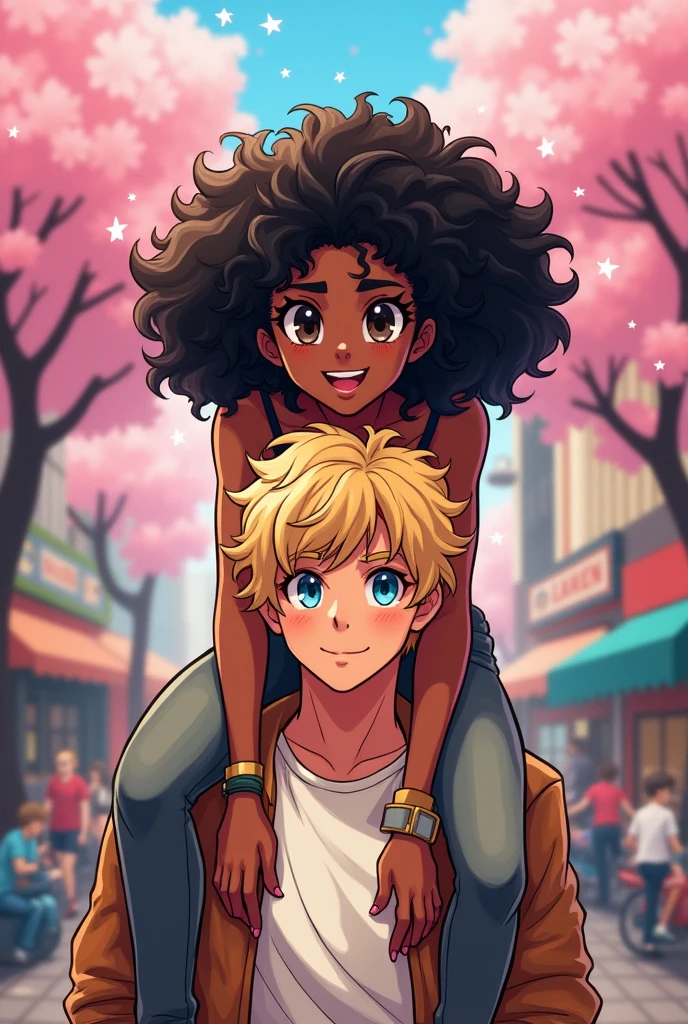 A black woman with frizzy black hair and dark brown eyes sitting on a white man with straight blond hair and blue eyes in manga character mode