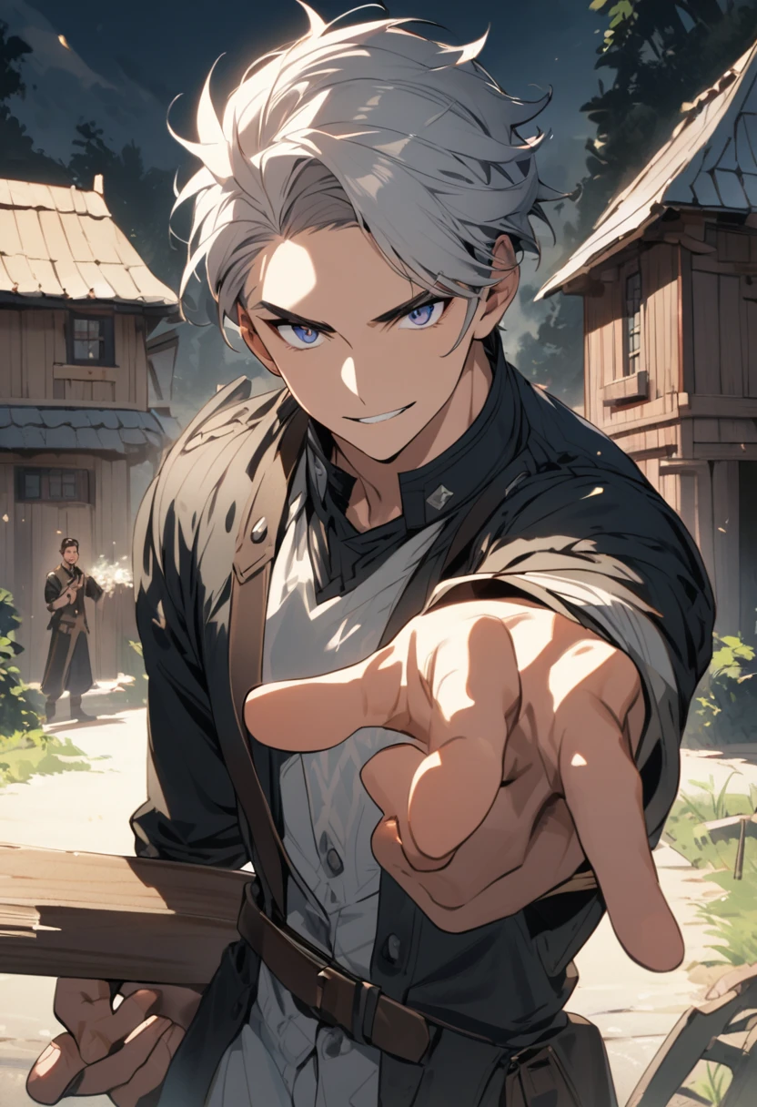 A handsome guy is holding a house in his left hand and pointing his right finger at you