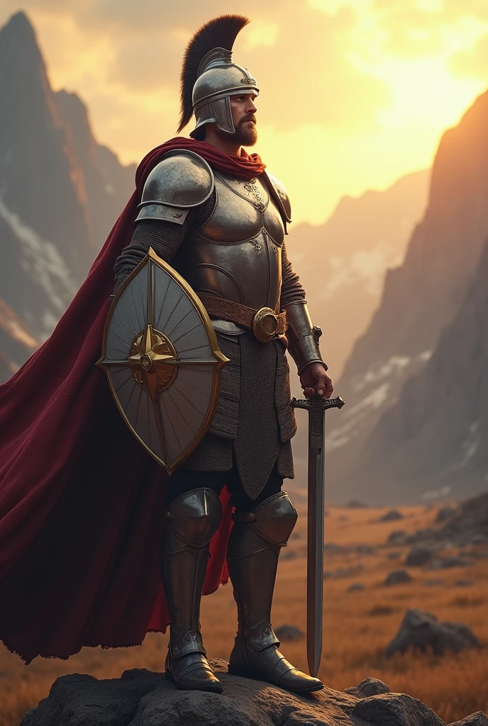 (photorealism:1.2), a brave man
with a dagger on his hand, his eyes was shining with light, and he have a helmet, breastplate and bible as a shield