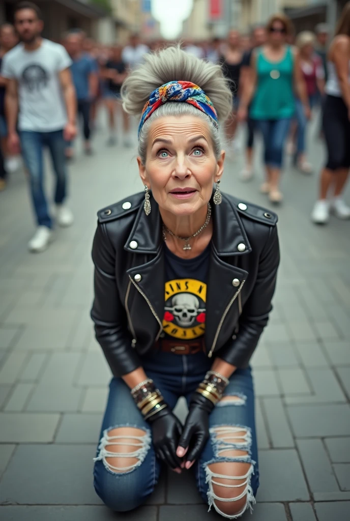 russian old milf woman, grey hair (huge top bun) and bandana as headband (big maxi glasses), with very light blue eyes, extremely pale. Wearing cropped black moto jacket with lots of zippers and pins, raggy cropped t-shirt with guns and roses logo, dark skinny blue jeans with holes and white tennis sneakers . Black leather gloves . Lots of metallic bracelets and collars. Tacky wide leather belt with oversized buckle. Long earrings. Kneeling like in a payer, looking up, eyes and mouth wide open in amazement. Hands on her knees. Listening in amazement to somebody speaking to her, toned six pack abdominals, thin legs and thin arms. A lot of people behind