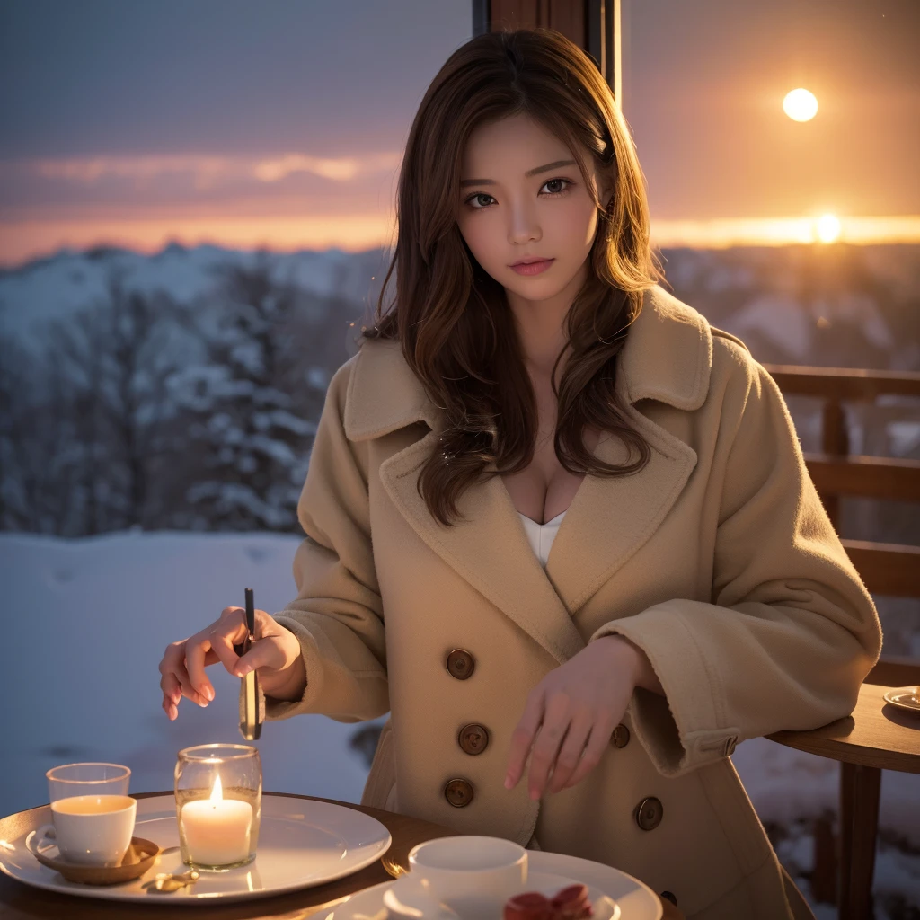 (table top、highest quality、8k、Award-winning work、ultra high resolution)、one beautiful woman、(Wearing an elegant thick fur beige trench coat:1.2)、knit sweater、perfect fit、brown hair、white skin、(big cleavage:1.1)、Very long wavy hair、epic movie lighting、(romantic love feeling:1.1)、(A vivid and magical sunset:1.1)、(The most romantic and moody atmosphere:1.1)、winter、snow scene、It's snowing、(Walking through the snowy city:1.1)、look at me、(Exposing big breasts that are about to burst:1.2)、(Most emphasize the body line:1.2)、very long hair、blurred background、accurate anatomy、ultra high definition hair、Perfect and beautiful teeth in ultra high resolution、Ultra high definition beauty face、ultra high definition hair、Super high-definition sparkling eyes、Shining, ultra high-resolution beautiful skin、ultra high resolutionの艶やかな唇、(close up of face:1.3)、look straight at me from the front