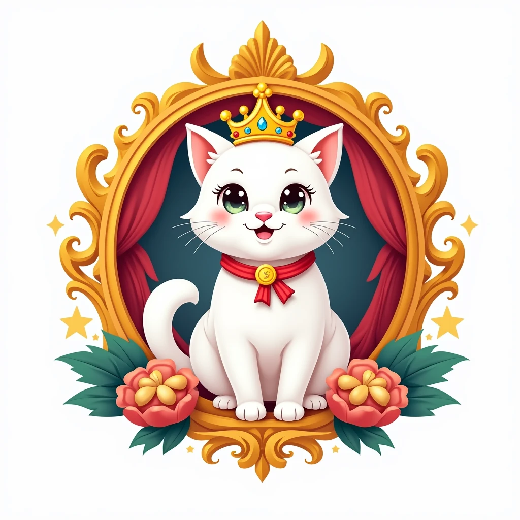 Develop a vibrant emblem logo for ' Jessi ' featuring a white Cat wearing a tiny Queen crown and sitting inside a decorative frame adorned with pet accessories like toys and treats. Use a colorful palette of red, yellow, and blue to convey a sense of joy and celebration. The logo should be eye-catching and festive against a white background.