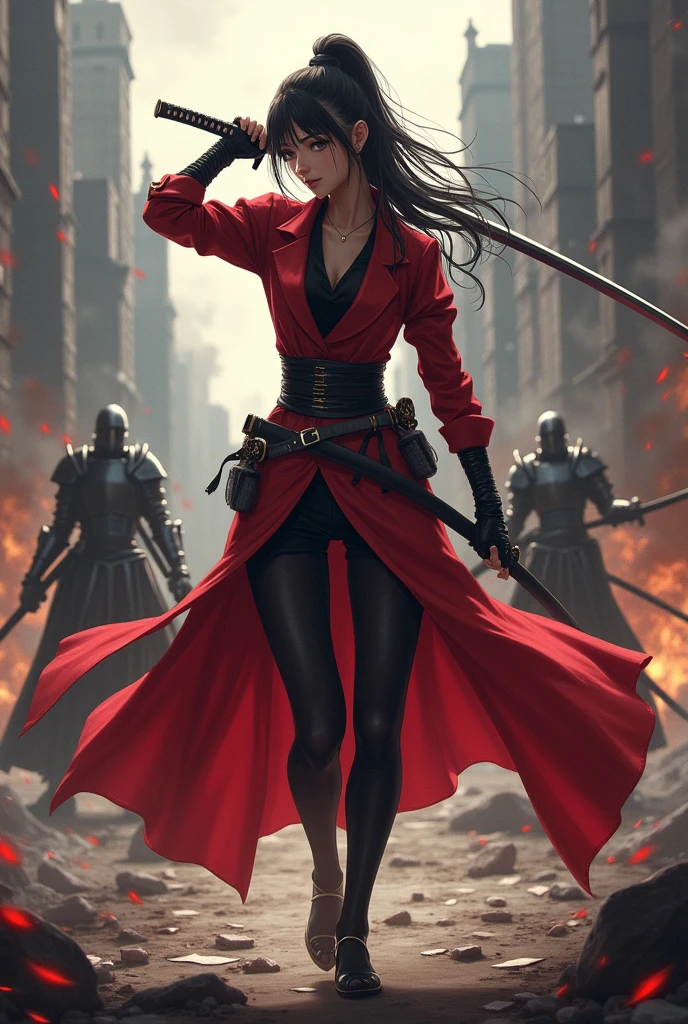 a woman with two a sword and a black outfit, Katana Zero video game character, female protagonist Official character illustrations, red female assassin, dramatic katana pose, Knights, female anime character, katanas strapped to her back, 2b, 2b, unsheathing her katana, Female action anime girl, war zone background