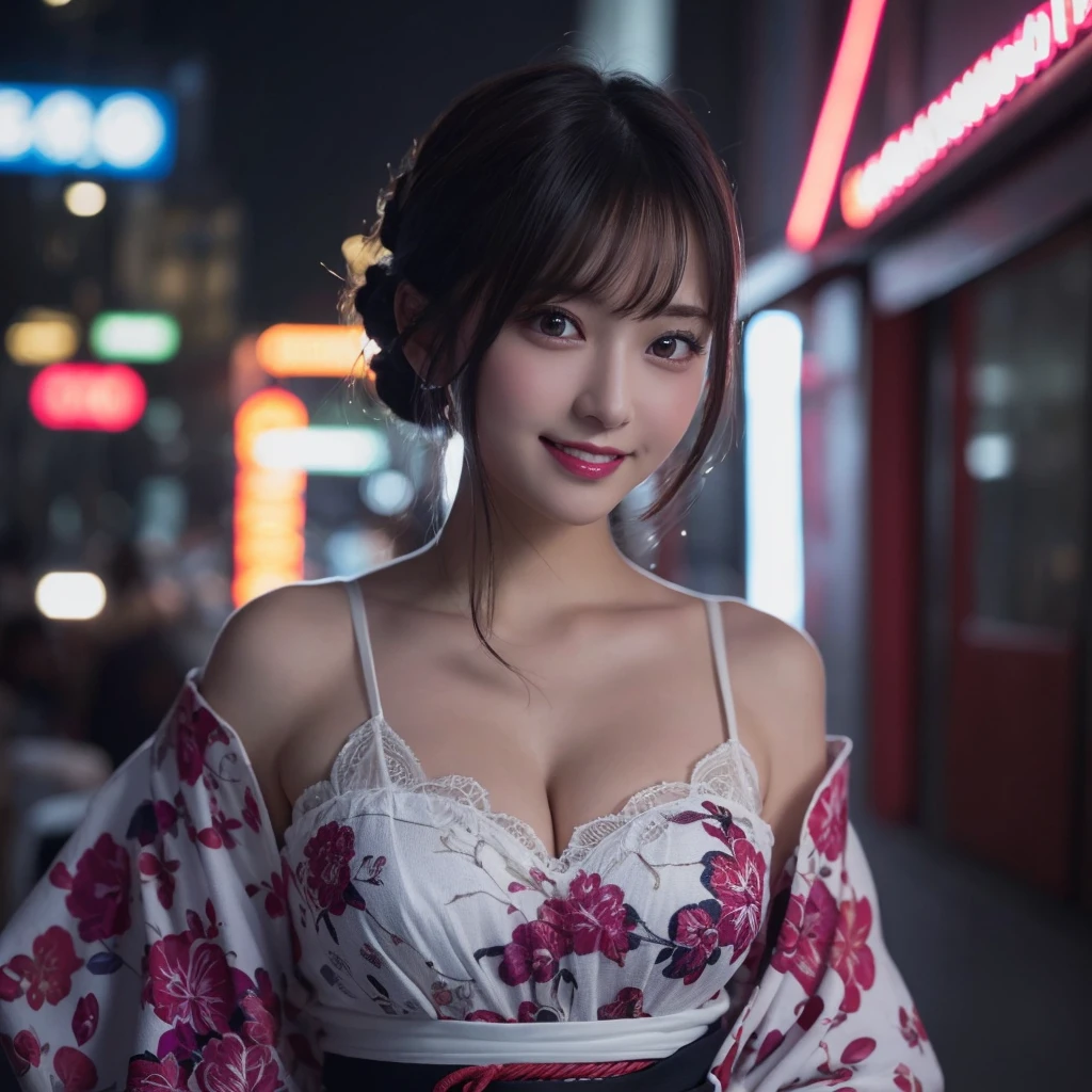 masutepiece, Best Quality, Illustration, Ultra-detailed, finely detail, hight resolution, 8K Wallpaper, Perfect dynamic composition, Beautiful detailed eyes, White Kimono,Bob Hair, mid-chest, Natural Color Lip, Random and sexy poses,Smile,20 years girl　Colossal 、nightclub、White sheer body stockings、