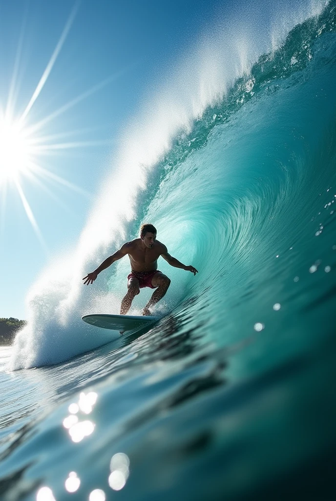 "An ultra realistic surfer, focusing on the face, very sharply captured in a cinematic moment, sliding on a big wave. The image has a subtle camera blur that gives a sense of movement and dynamism. The sky is a vibrant blue, with rays of light passing through the clouds and reflecting on the water, creating a dazzling effect. The scene is full of energy, with the surfer at the center of the action, in perfect harmony with the power of the ocean."