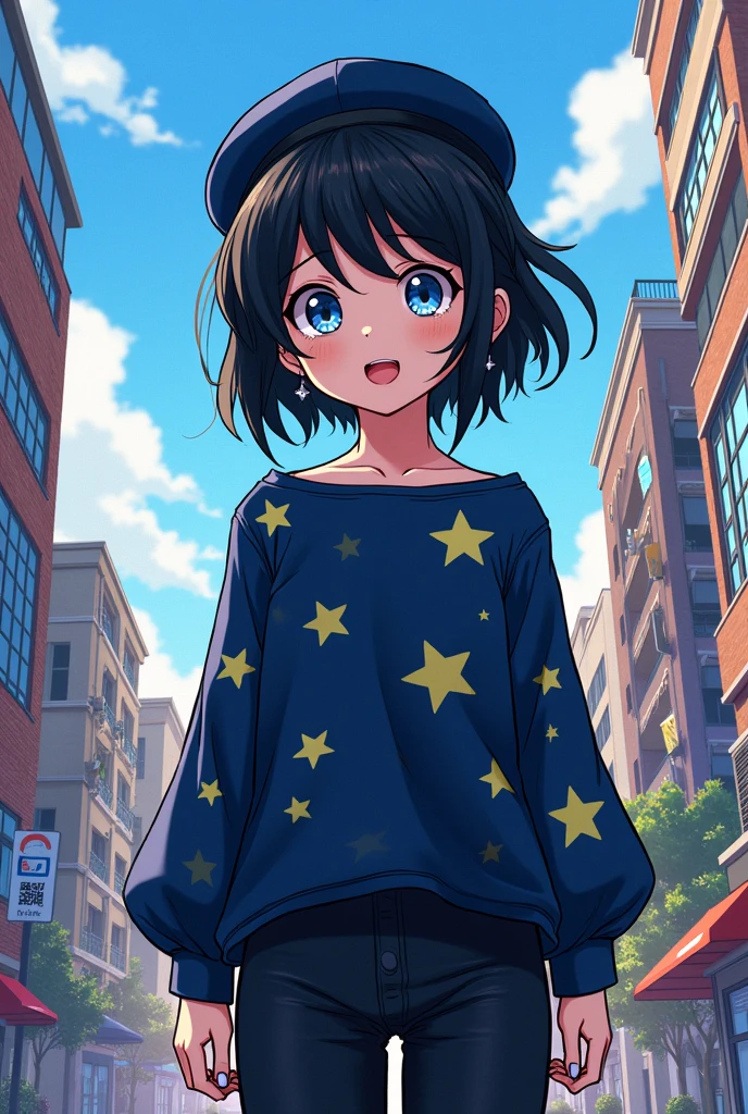 Make me a boku no hero style comic image, A white girl, 13 year old teenager, short black hair down to the back, has bangs but they don&#39;t cover her eyes and her hair is a little messy, her eyes are a little big and they are beautiful and they are like yumeno kyusaku&#39;s from bungo stray dogs, and they are dark blue in color with a star inside one and a circle inside the other, She is wearing a blouse like the one in the movie Coraline, dark blue with stars, that reaches up to the neck and has long, thick sleeves that cover some of the palms of the hands, a long, thick black pair of pants that cover some of the sneakers and a pair of blue All Star sneakers. She is wearing a small silver earring., a navy blue beret. Her nails are painted black and they are out of her pants., and stand up and do it full body. 