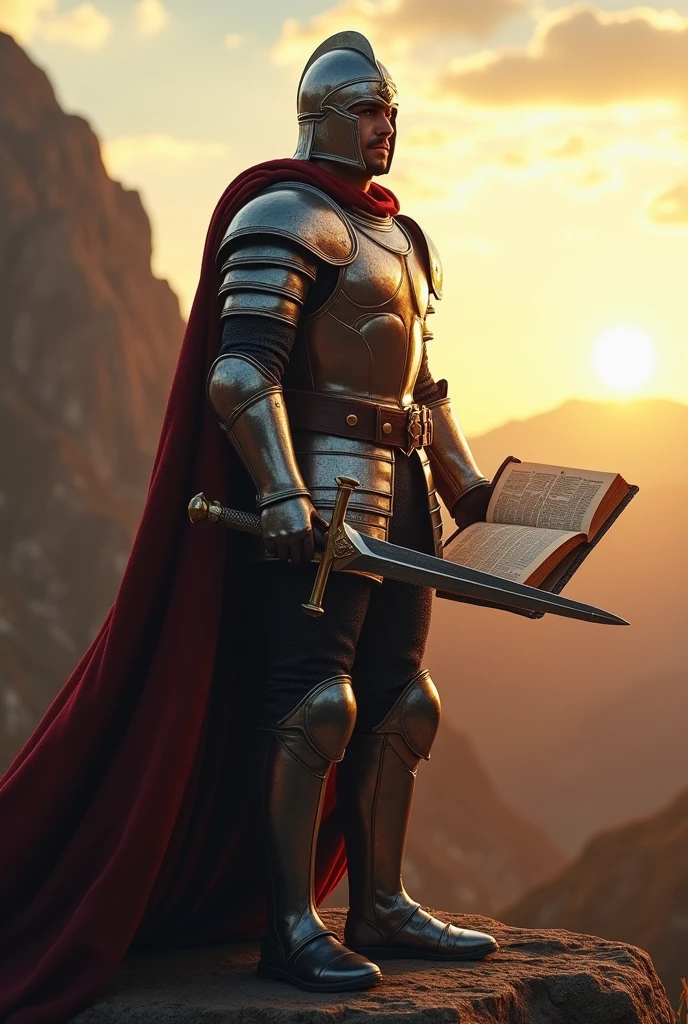 (photorealism:1.2), a brave man
with a dagger on his hand, his eyes was shining with light, and he have a helmet, breastplate and bible as a shield
