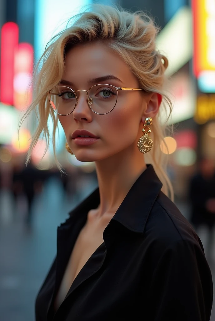 A blond, green-eyed character with a gold earring wearing a black shirt, with fair skin wearing double bridge gold prescription glasses 