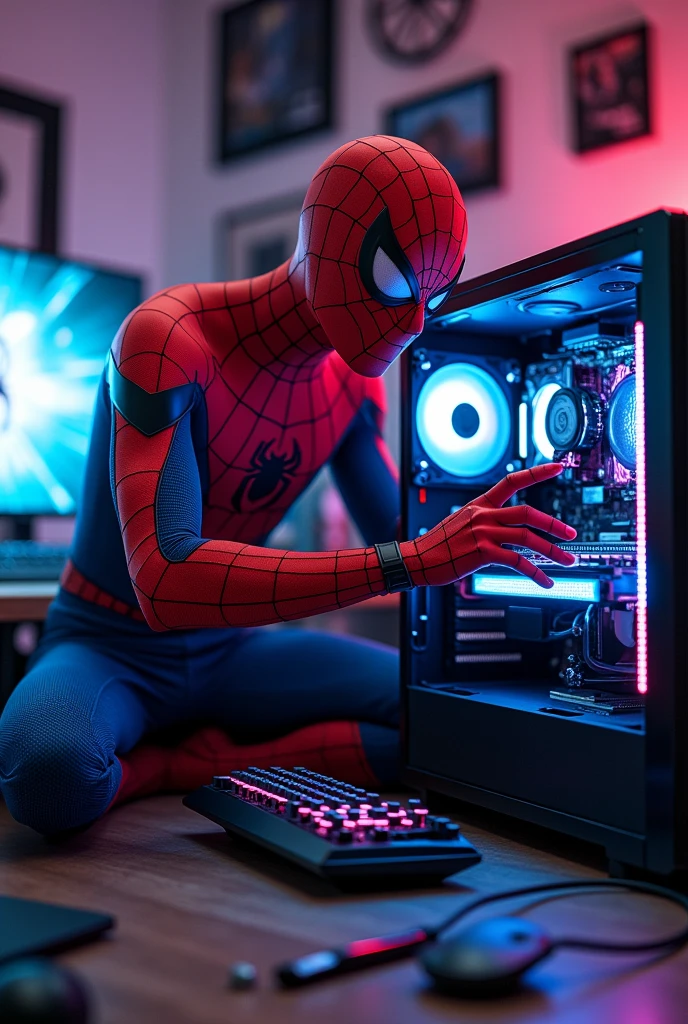 Create an image of Spiderman by removing a battery from a gaming PC