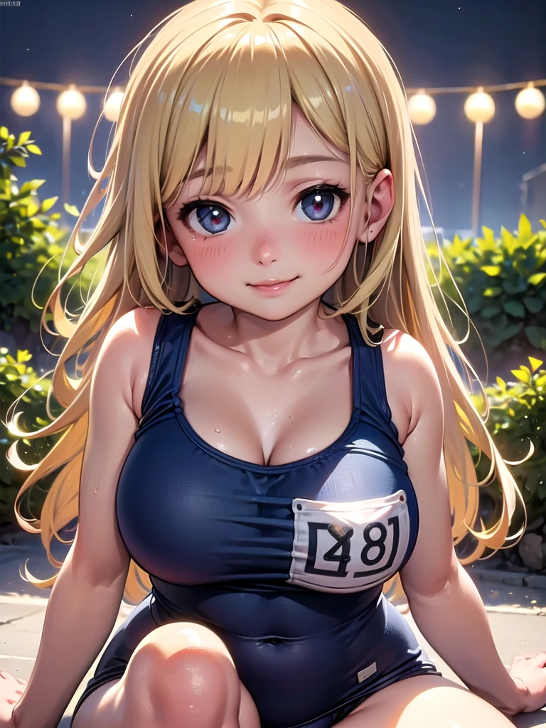 (best quality,4k,8k,highres,masterpiece:1.2),ultra-detailed,(realistic,photorealistic,photo-realistic:1.37),cute,(loli),(big breasts),outdoor scene,smiling face,orgasmic expression,(childlike face),((petit)),((cute)),night,pale skin,(darkblue one-piece swimsuit),sitting,blonde hair