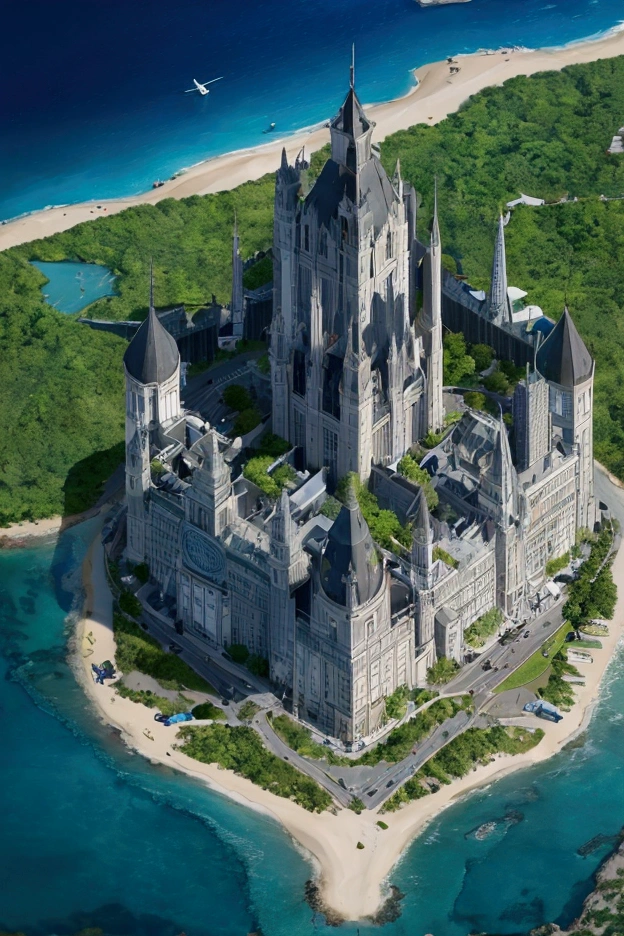 "An aerial view of the Zalvediuse Institute, a futuristic, black and gold complex, set on a private island. The central building, a gleaming beacon of power and prestige, is surrounded by sectors: a luxurious dormitory to the east, a bustling city to the west, a tourist paradise to the north, and opulent mansions to the south. The island is accessible only by helicopter, a testament to its exclusivity."