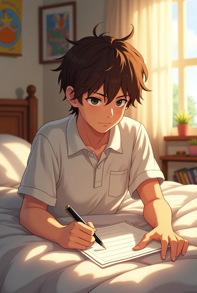 A boy with brown hair good jawline wearing a white polo with a paper and pen next to him in bed then he tried to write something in the paper (anime image)