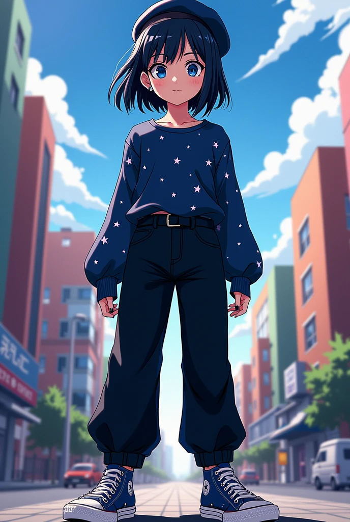 Make me a boku no hero style comic image, A white girl, , short black hair down to the back, has bangs but they don't cover her eyes and her hair is a little messy, her eyes are a little big and they are beautiful and they are like yumeno kyusaku's from bungo stray dogs, and they are dark blue in color with a star inside one and a circle inside the other, She is wearing a blouse like the one in the movie Coraline, dark blue with stars, that reaches up to the neck and has long, thick sleeves that cover some of the palms of the hands, a long, thick black pair of pants that cover some of the sneakers and a pair of blue All Star sneakers. She is wearing a small silver earring., a navy blue beret. Her nails are painted black and they are out of her pants., and stand up and do it full body.