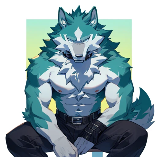 (masterpiece, ultra detailed, best quality), wolf, Furry, Cyan skin, white chest, nipple, looking at viewer, florest background, florest scenery, sexy face, pants, shirtless, shirou ogami