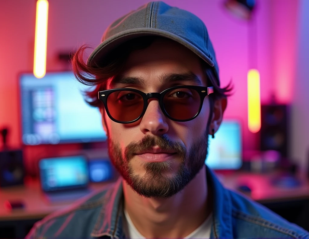 Front View, Centered,Ultra-realistic RAW portrait of a 40-year-old man YouTuber who with brown hair and wears a gray baseball cap, modern black glasses with burnt brown lenses, a small earring in his left ear, and a summer dji outfit, reimagined in a youtube channel setting. The scene takes place in a youtube studio. Photographed with a professional DSLR camera to capture fine details and depth.