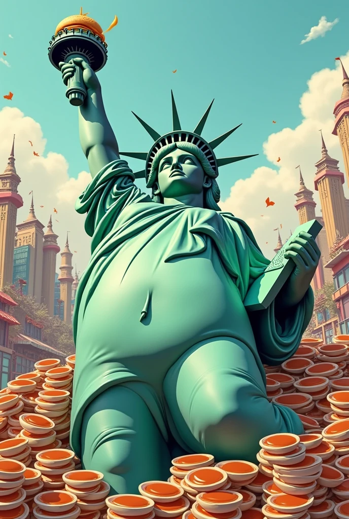 Fat Statue of Liberty　Lying down　Nipples protruding　Eat 100 bowls of ramen　Holding a burger in each hand　Beautiful Face　Fat face　Two arms　Large breasts　Thick legs　fat belly　Gain weight