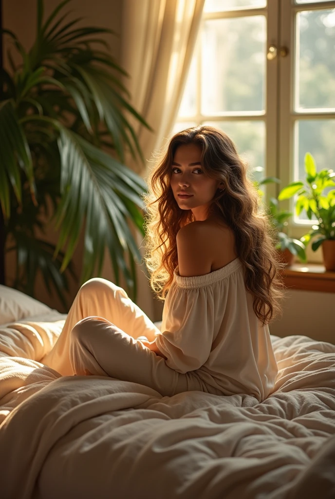 (photorealism:1.2), beautiful woman, sitting on bed, wearing loose off-shoulder top, pajama pants, long curly hair, indoors, soft lighting, plants in background, window with sunlight, cozy room, relaxed pose, realistic, intricate details, warm colors, by Greg Rutkowski, by Alphonse Mucha