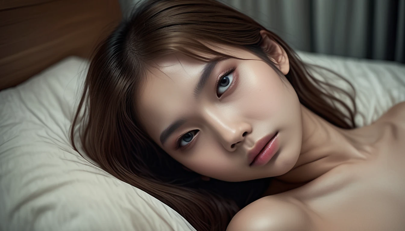 ((With a glossy open puff、Deep neckline, wide cleavage, Deep neckline)), small and taut breasts, Beautiful attention to detail, Beautiful lip detail, Small closed mouth, Highly detailed face, Pale skin, Random long hairstyles, Small hips, Lying on a bed with silk sheets, Facial Fear)), Gloomy atmosphere, Dramatic and random neon colors, Futuristic Setting, Intricate details, night, Backlight, Full Body Shot, View from afar, Random Pause