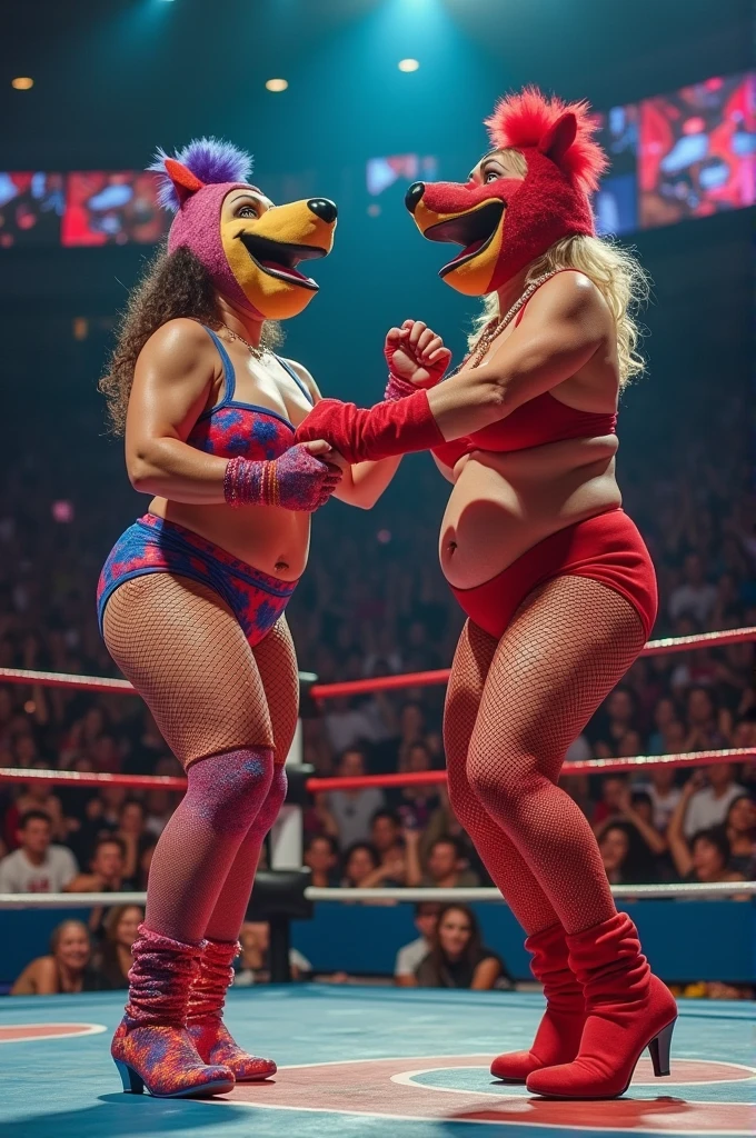 lambada, 2 Sexy 50 years old fat busty fishnet tights body builder biggest woman wrestling oily woman ,full body,sexy Mascot costume