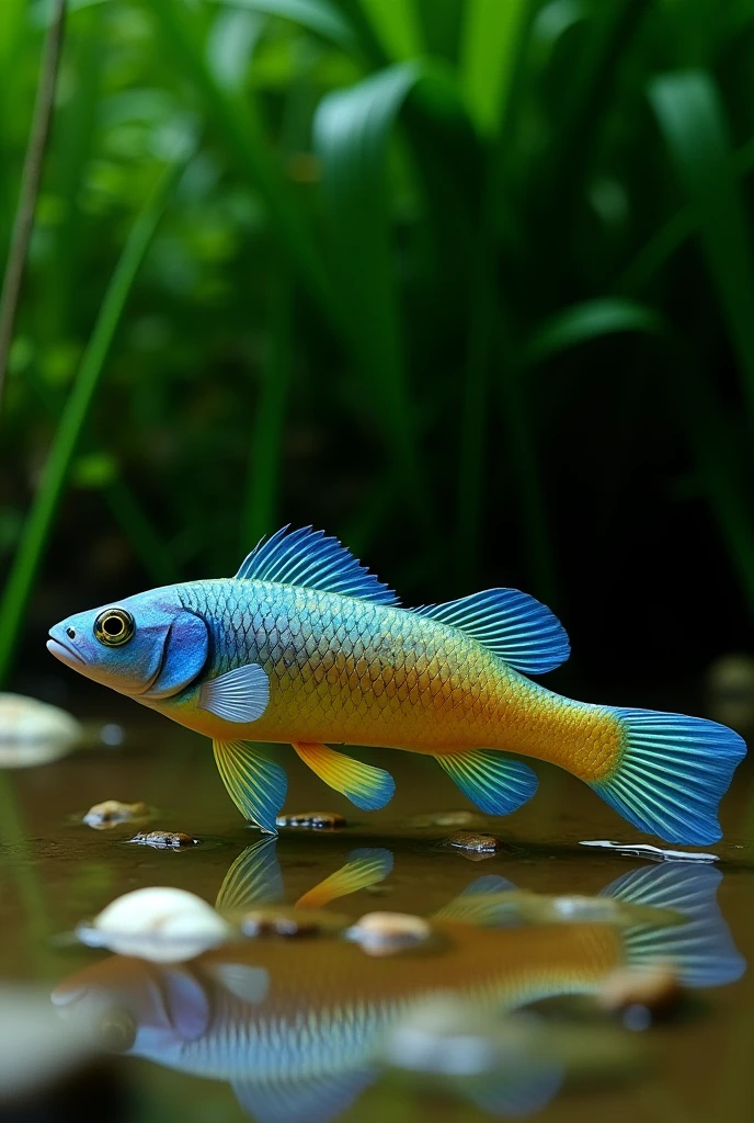 a new species of killifish, with colors of the African cichlid demasoni pigeon with the shape of a nothobranchius, on a background of a murky temporary puddle with dense vegetation with small pieces of white zanzibar rocks and many ampularia shells on the ground. PICTURE REALISTIC.