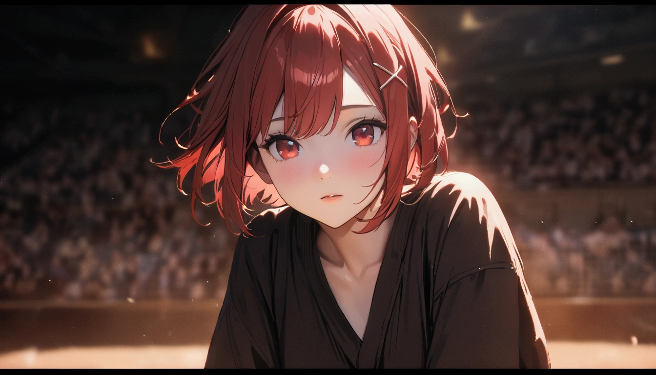 short hair, (Red hair:1.2), x Hair ornament, Red eyes,One person,Highest quality, masterpiece, High resolution,highest quality, intricate details, (cinematic lighting), RAW photo, 8k ,high definition detail、baseball,support、