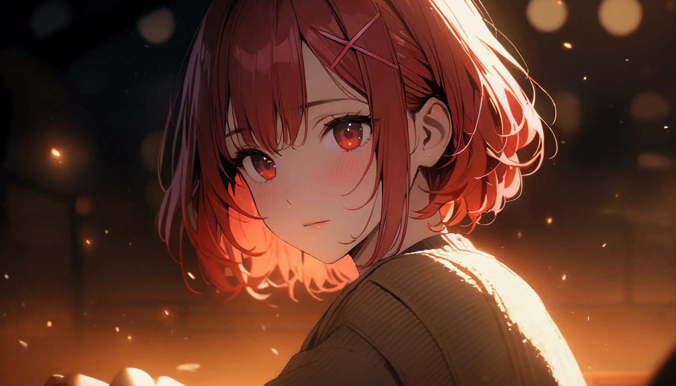 short hair, (Red hair:1.2), x Hair ornament, Red eyes,One person,Highest quality, masterpiece, High resolution,highest quality, intricate details, (cinematic lighting), RAW photo, 8k ,high definition detail、baseball,support、