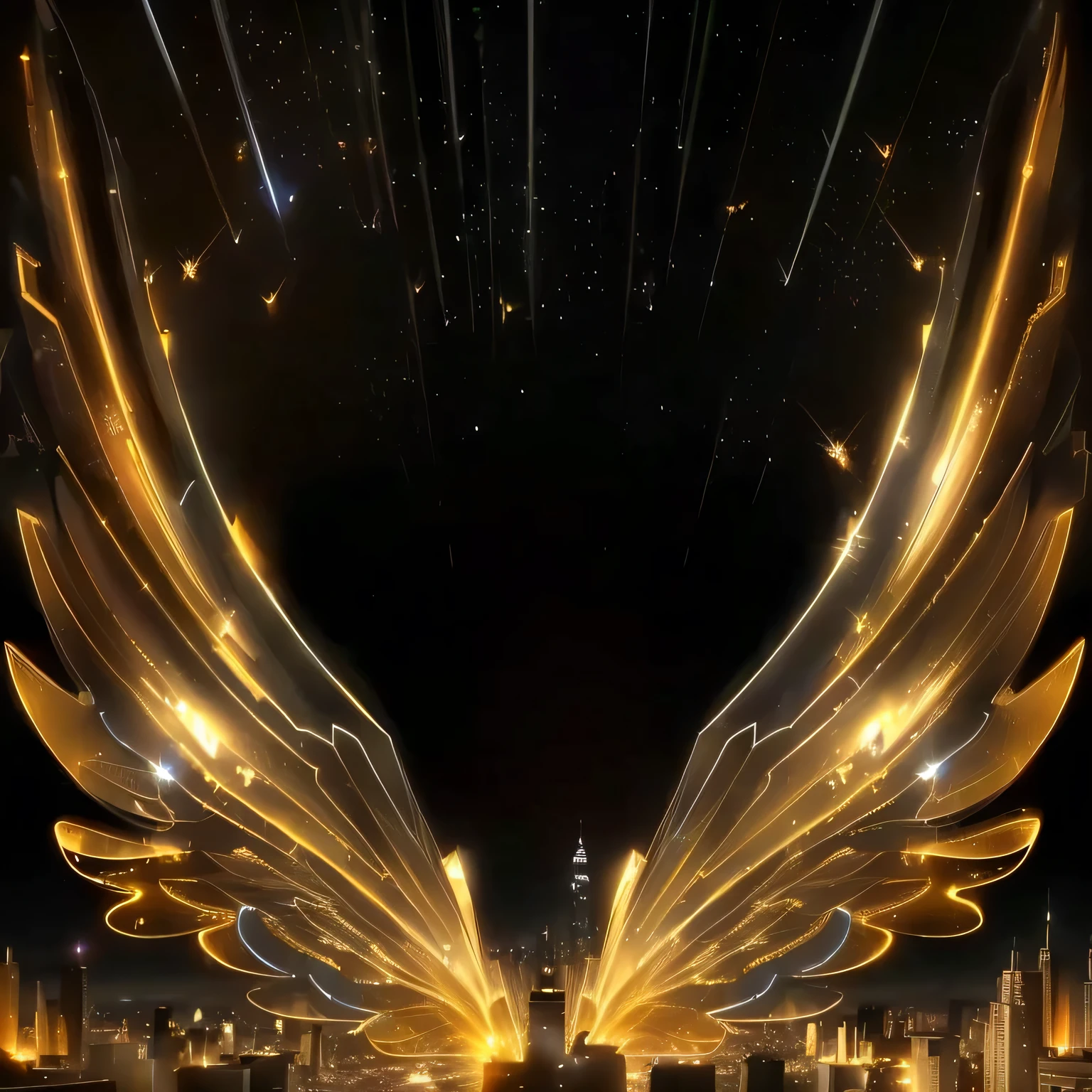 Wings flying over the city at night,The background is a city, Amazing background, Gorgeous background, Flying particles, HD Background, Wings of Light, wonderful, Background artwork, Concept Art Magic Highlights, Interesting background, Gorgeous background, Magic particles in the air, Stunning background, Stunning screensaver, Beautiful background, Golden embers fly, Light streaks in the sky