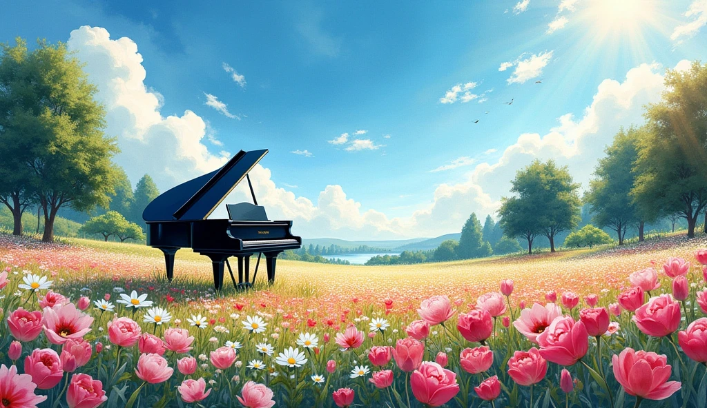 Bright summer daylight. A large black grand piano is placed in a sprawling flower garden, pink and white flowers are in full bloom, and soft sunlight is shining on them. The sky is a clear blue, with few clouds and strong sunlight casting shadows on the earth. The trees in the distance are dark green, expressing the vividness of summer. Overall, bright, warm light fills the scene, vividly depicting the beauty of nature.” Paint in the style of a watercolor painting.