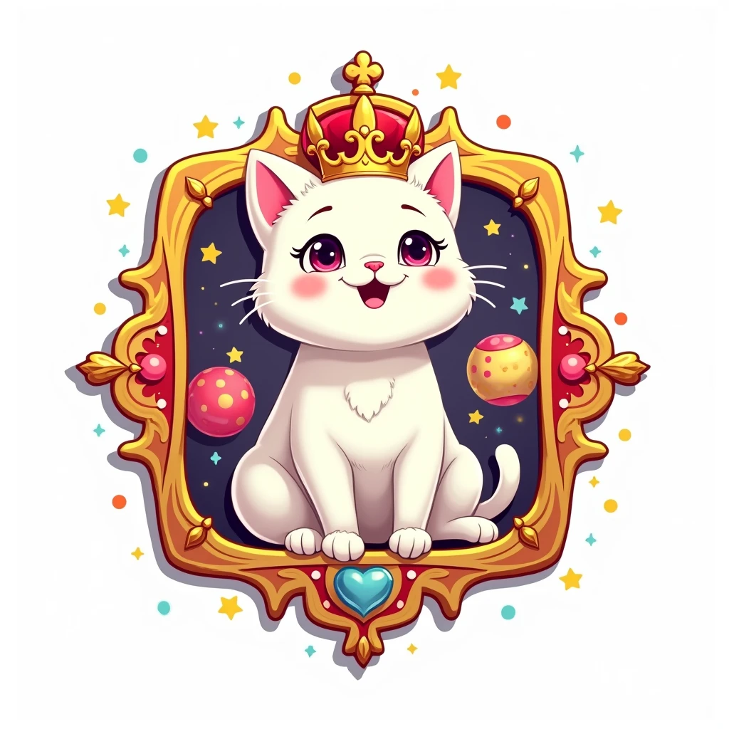 Develop a vibrant emblem logo for ' Jessi ' featuring a white Cat wearing a tiny Queen crown and sitting inside a decorative frame adorned with pet accessories like toys and treats. Use a colorful palette of red, yellow, and blue to convey a sense of joy and celebration. The logo should be eye-catching and festive against a white background.