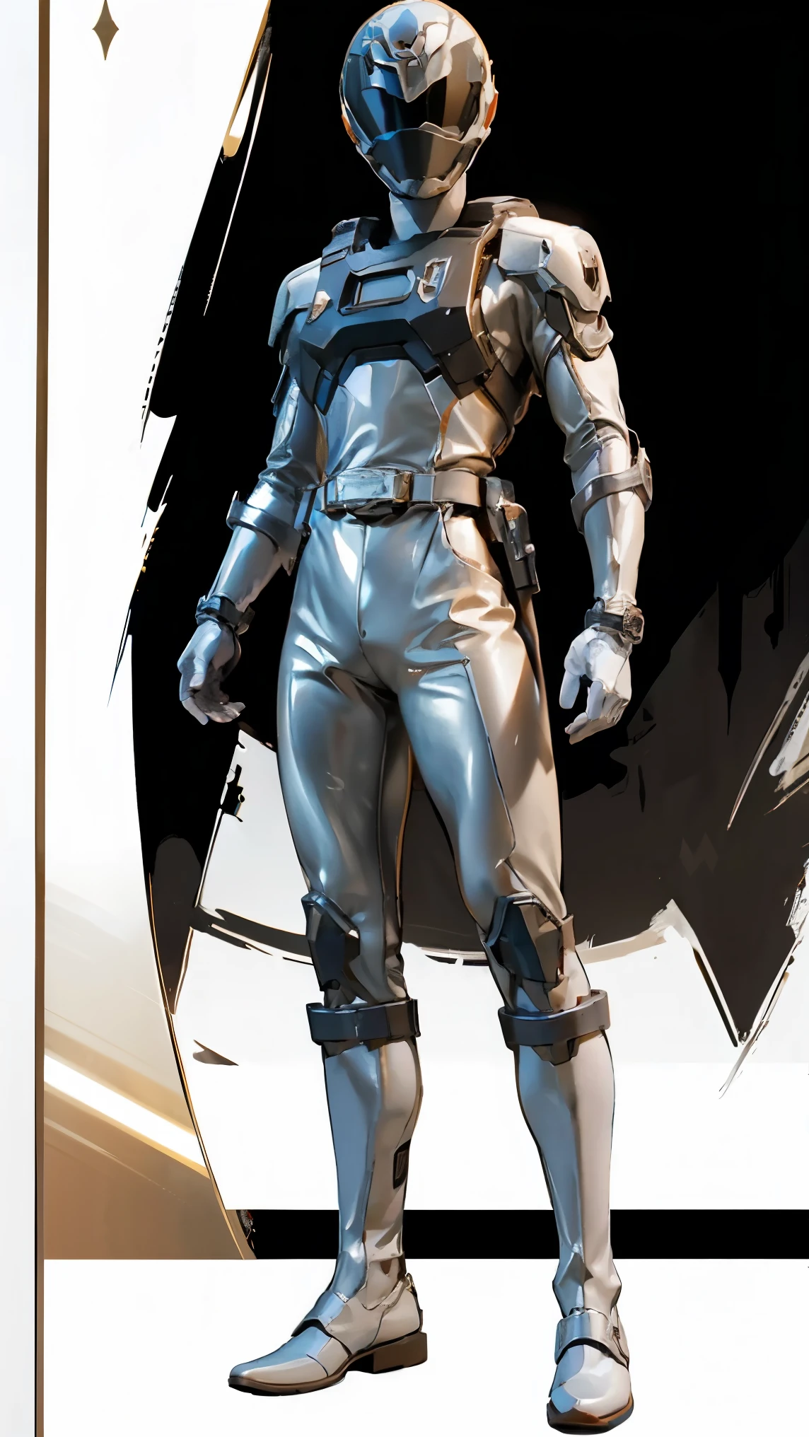 1boy, full body, Illustration, cinematic light, high resolution, best quality, ultra detailed, masterpiece, power suit, powerranger, suit, spd, (silver royal guard ranger suit), gold detail, (((white suit)))