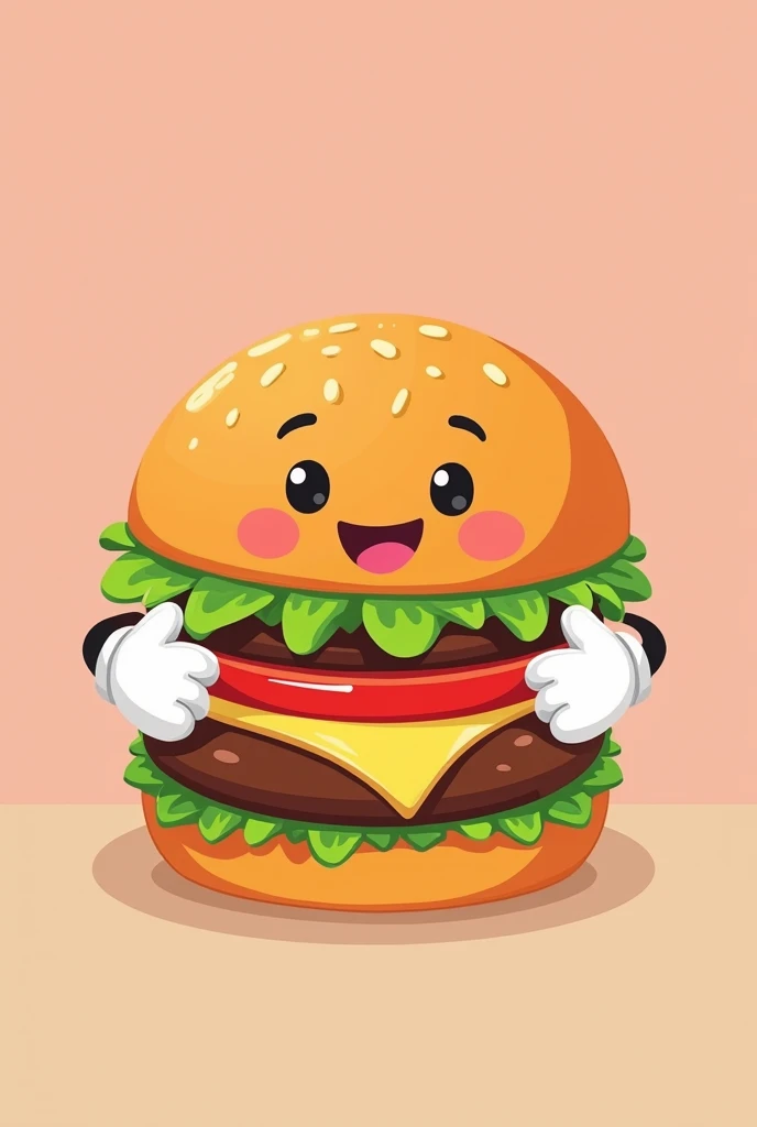 Make a minimalist cartoon of a burger with a retro 80s restaurant style and wearing white gloves, do it in 2D