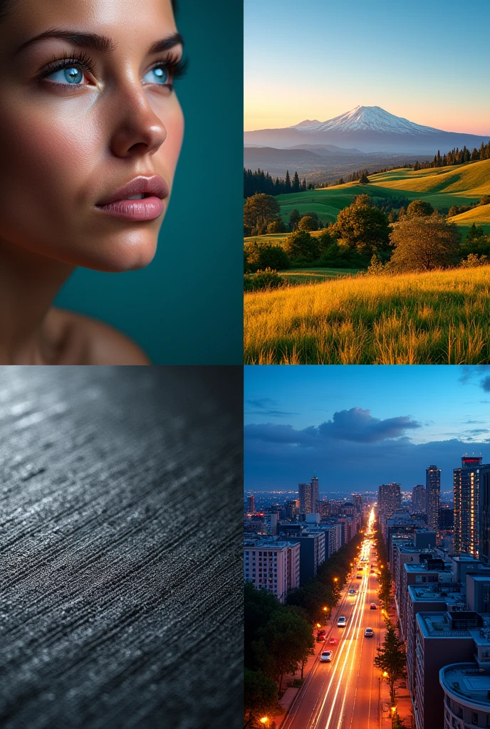 A 2x2 grid composed of four visually distinct images:

A highly detailed portrait of a person, focusing on realistic skin textures, subtle facial expressions, and natural lighting.

A serene landscape with vibrant colors, showcasing rolling hills, lush green trees, and a majestic mountain range in the background. The sky should have a gradient of blue transitioning to orange at the horizon.

A close-up view of a textured surface, such as a fabric weave with intricate patterns and fine details, or a rough stone surface, designed to test the model’s ability to handle noise, grain, and aliasing.

A dynamic cityscape at dusk, filled with glowing lights from buildings and vehicles, with a mix of modern skyscrapers and busy streets. Each section should be visually complex, featuring high contrast and vibrant colors, challenging the upscale model's ability to handle different types of visual artifacts and maintain color accuracy.