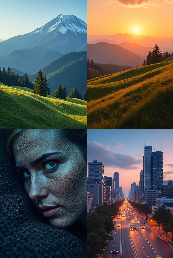 A 2x2 grid composed of four visually distinct images:
A highly detailed portrait of a person, focusing on realistic skin textures, subtle facial expressions, and natural lighting.
A serene landscape with vibrant colors, showcasing rolling hills, lush green trees, and a majestic mountain range in the background. The sky should have a gradient of blue transitioning to orange at the horizon.
A close-up view of a textured surface, such as a fabric weave with intricate patterns and fine details, or a rough stone surface, designed to test the model’s ability to handle noise, grain, and aliasing.
A dynamic cityscape at dusk, filled with glowing lights from buildings and vehicles, with a mix of modern skyscrapers and busy streets. Each section should be visually complex, featuring high contrast and vibrant colors, challenging the upscale model's ability to handle different types of visual artifacts and maintain color accuracy.