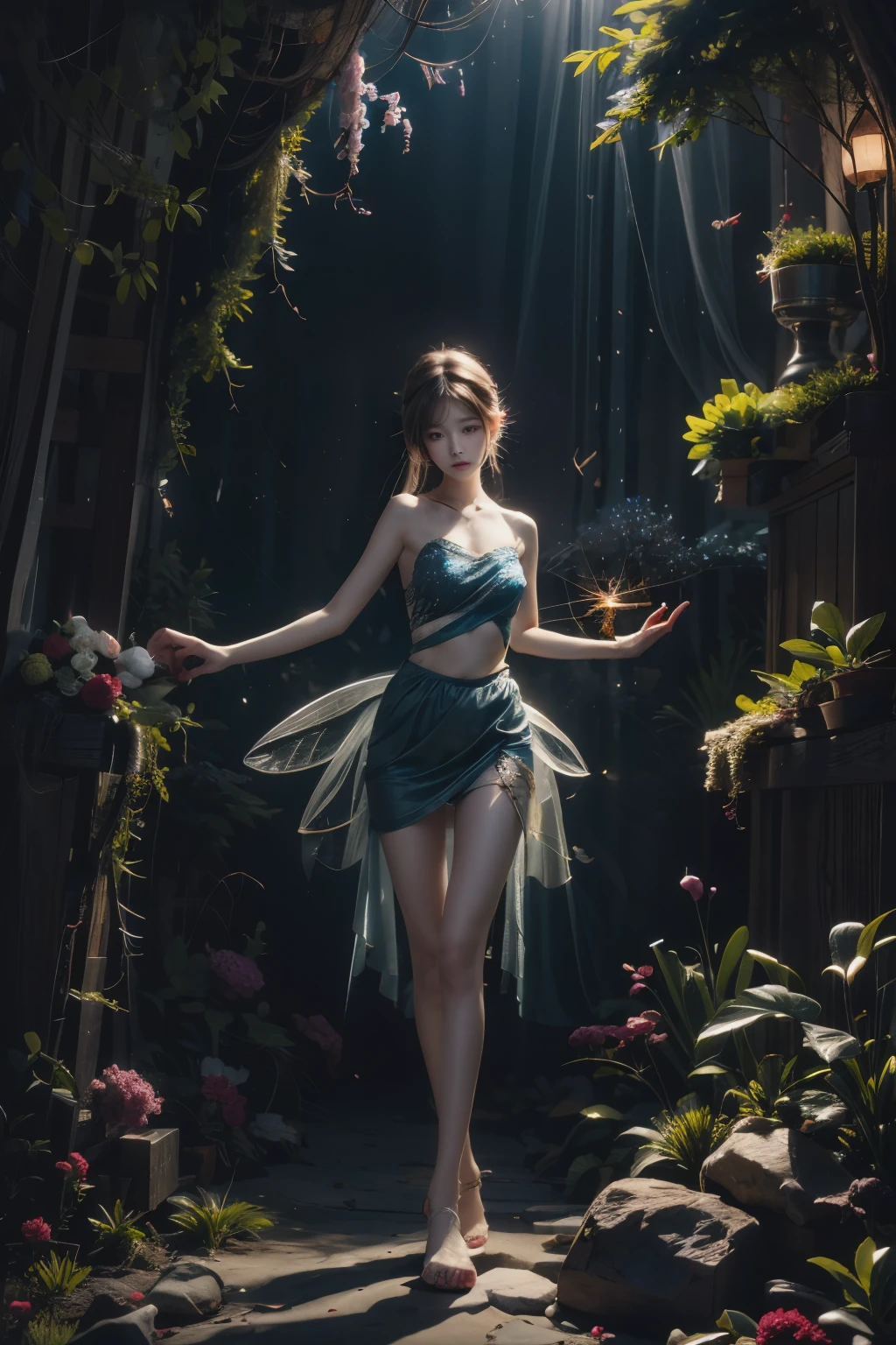 Beautiful fairy, surrounded by fireflies, ethereal and dreamy atmosphere